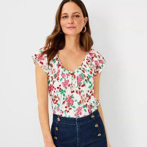 Floral Gathered Scoop Neck Pure Linen Tee